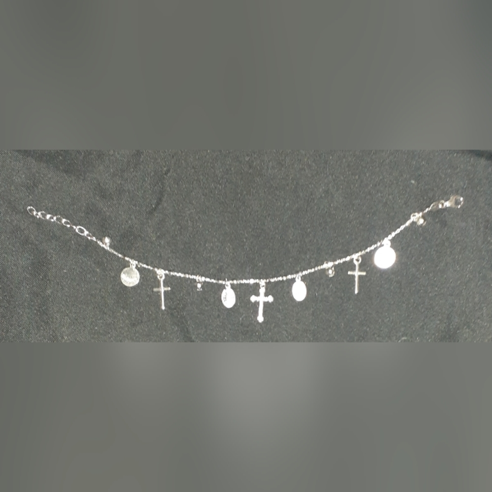 Women's Sterling Silver Virgin Mary And Cross Religious Charm Bracelet 7 3/4"